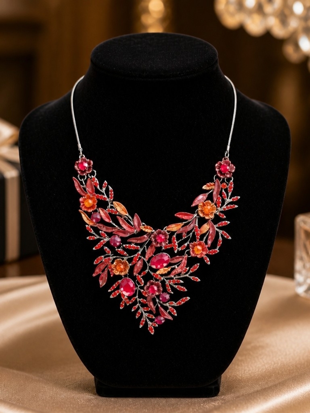 Vintage Red Floral Statement Bib Necklace Rhinestone Floral Silver Tone